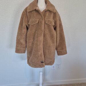 UGG Frankie UggFluff Sherpa Teddy Mid Shirt Jacket Shacket Camel Size XL